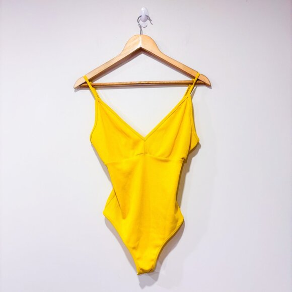 REVAMPED Yellow Ribbed Bodysuit | Rib Knit V-Neck Minimalist Essential | Small * - Picture 1 of 7